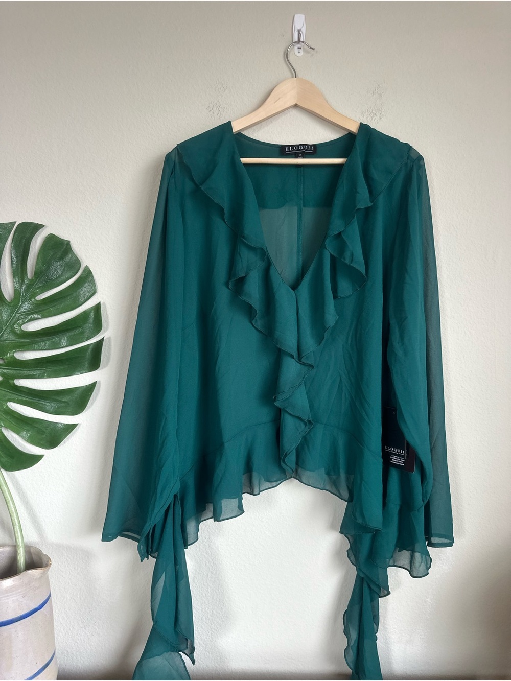 NWT Eloquii Ruffle Sheer Green Blouse - Picture 4 of 11